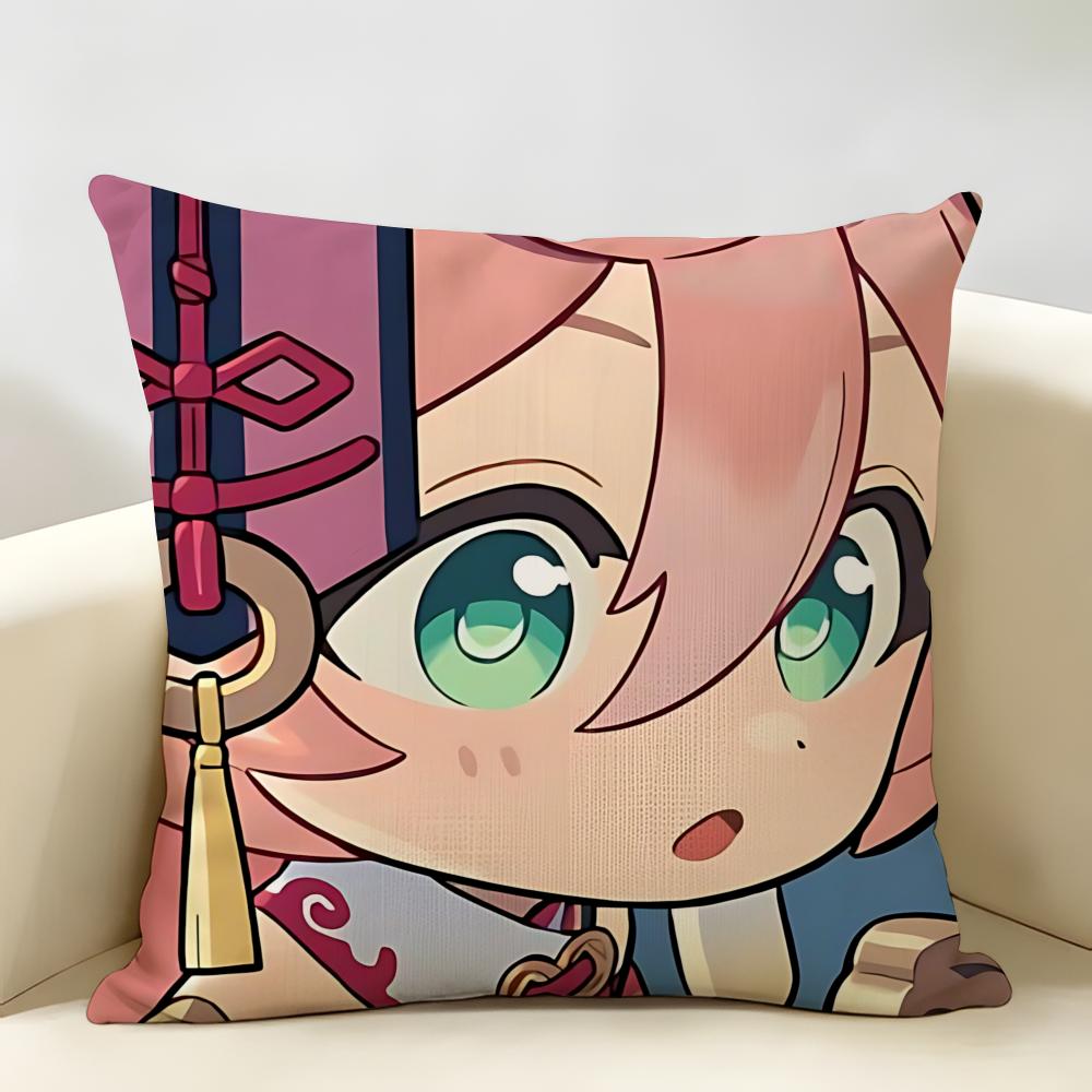 Yanfei Cute Genshin Impact Cushion Cover Natural Linen Organic Fabric DoubleSided Printing Room Sofa Decor Pillow Case