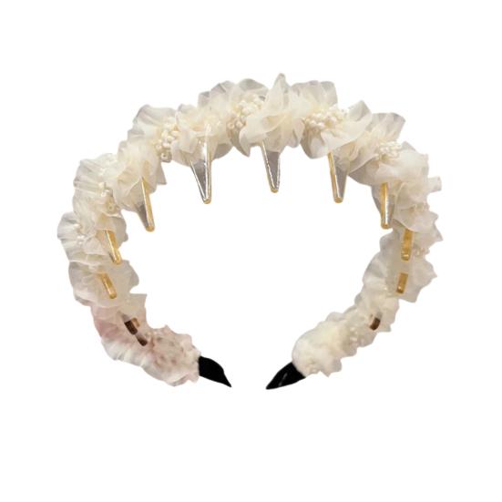 Women Headband Non-Slip Wide Headband with Inverted Tooth Comb Pearl Embellishments Layered Mesh