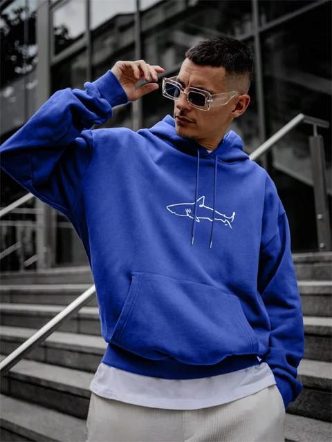 Simple Shark Printing Hoodie For Unisex Kangaroo Pocket Drawstring Pullovers Thermal Fleece Warm Sweatshirts Autumn Casual Clothes