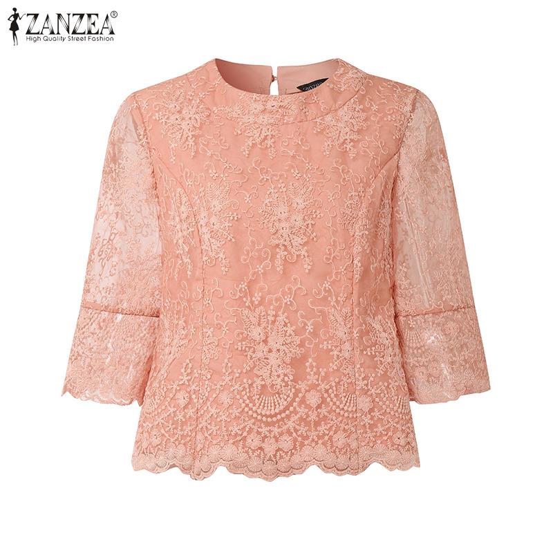 ZANZEA Women Casual Round Neck 3/4 Sleeve Loose Lace Patchwork Blouse