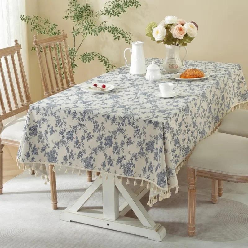 Tischdecke aus Polyesterleinen mit Spitzenrand, rechteckige Quasten, staubdichte Tischdecke, für Partyküche, Esstisch, Heimdekoration