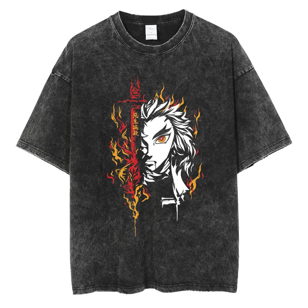 Tanjiro You Bean Shanyi Pattern T-shirt Men's Washed Cotton T-shirt Anime Devil Killer Daily Street Dressing