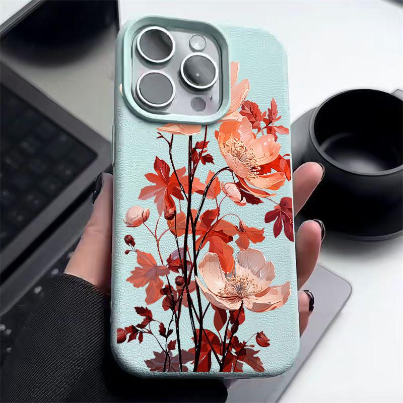 Handyhülle mit rosa Blumenmuster, Lederstruktur für iPhone 16 Pro 15 14 13 12 Pro Max, stoßfest, matt, schlank, einfarbig, TPU, weich, sturzsicher