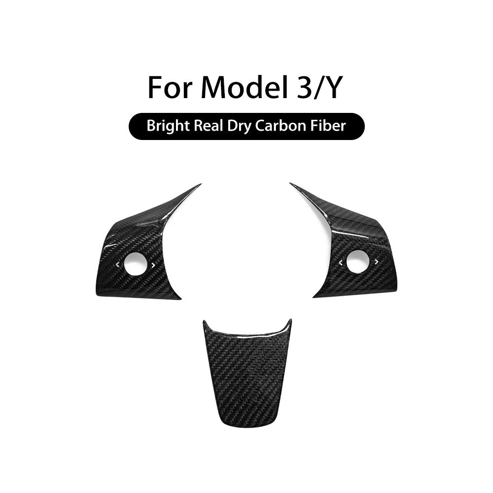 Real Dry Carbon Fiber Car Steering Wheel Cover Case Kit for Tesla Model 3 2017- Model Y -2024 Auto Exterior Accessories Bright Carbon Fiber