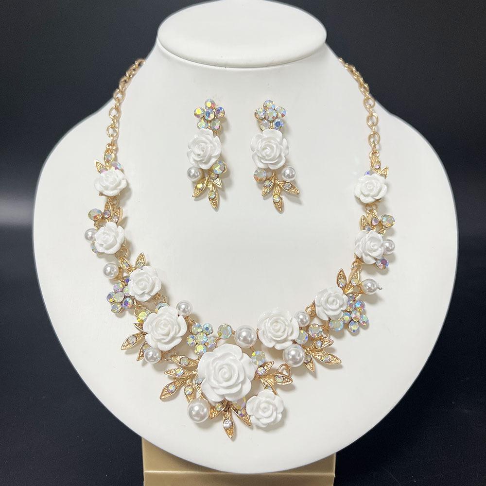 1 Set Multicolor Flowers Crystal Jewelry Set Enamel Pearl Necklace Earrings Set Exquisite Luxury Bridal Jewelry Set Banquet