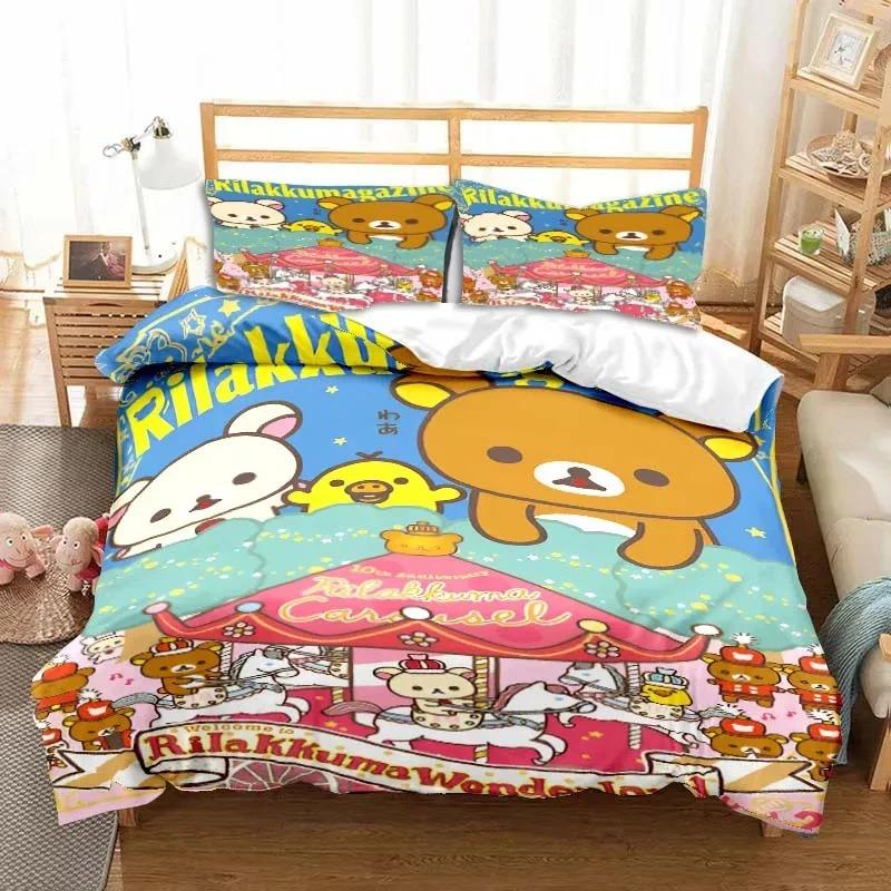 3dCartoon Rilakkuma Ayı Yatak Takımı Yorgan Kılıfı Yatak Takımı Yorgan Kılıfı Yastık Kılıfı Yorgan King Queen Boy Erkek Çocuk Yetişkin Yatak Takımı
