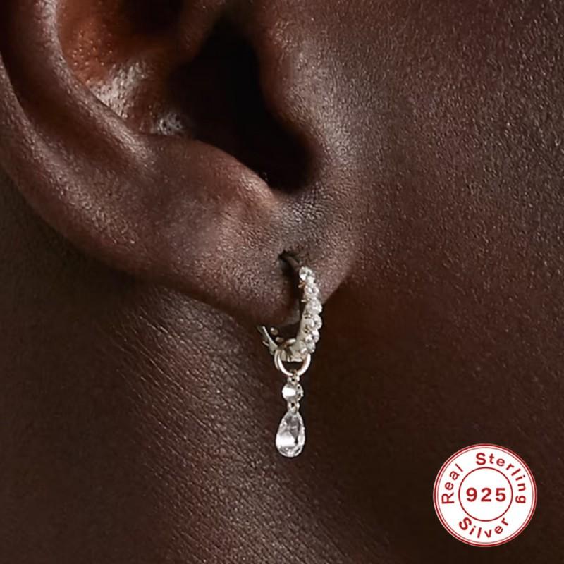 Sterling Double Hoop Earrings With Zircon Studs Dangle Charm Women Gold/White Gold Plated