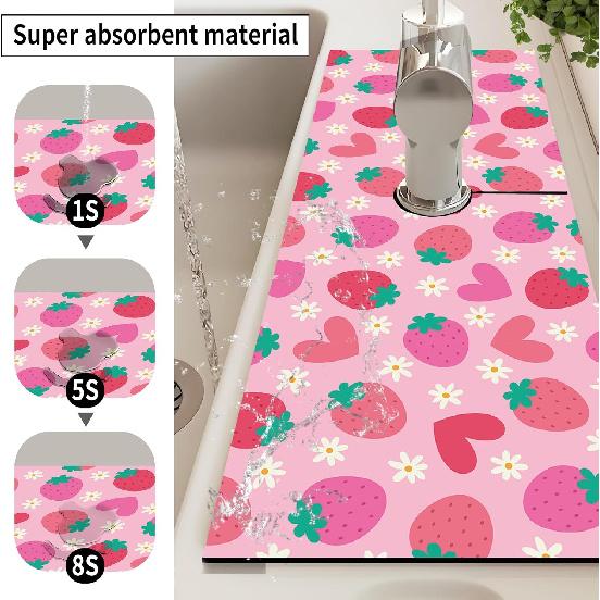 Absorbent Splash Guard Mat for Kitchen Sink, 15×5.5 Inch Cute Fast Drying Drip Catcher Behind Faucet Mat, Non-Slip, Washable Sink Mat Gadgets for