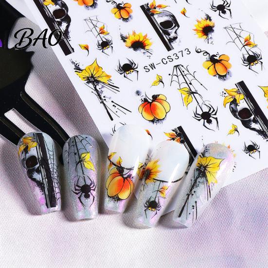 Nail Art Accessories Women Stickers for Autumn Halloween, Pumpkin Spider Web Skull Flame Decals Manicure Decal, DIY Supplies Holiday Party Decal