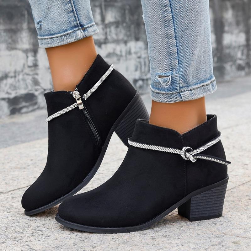Fashion Women's Chunky Single Boots Autumn New Pointed Head Cattle Suede Side Zipper Rhinestone Anti-slip Wear-resistant Short Boots