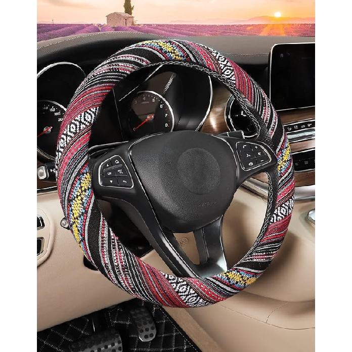 SEG Direct Boho Steering Wheel Cover With Baja Blanket Cloth, Ethnic Style Auto Wheel Cover Made Of Coarse Flax, Fits 14 1/2-15 1/4 Inches Car Wheel