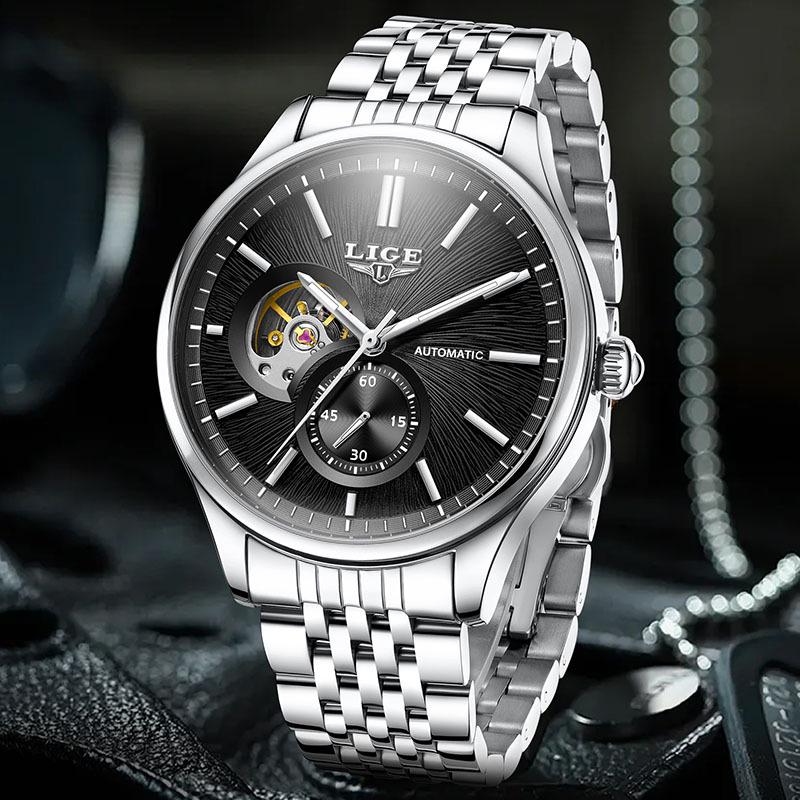 Men's Luxury Waterproof Automatic Mechanical Watch with Steel Band and Luminous Skeleton Design