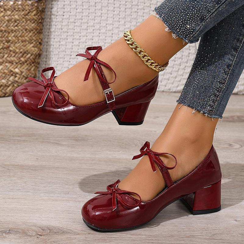 Fashion Elegant Bow Decor Mary Jane High Heels for Women Patent Leather Chunky Heel Pumps Ladies Summer Fashion Ankle Strap Dress Shoes