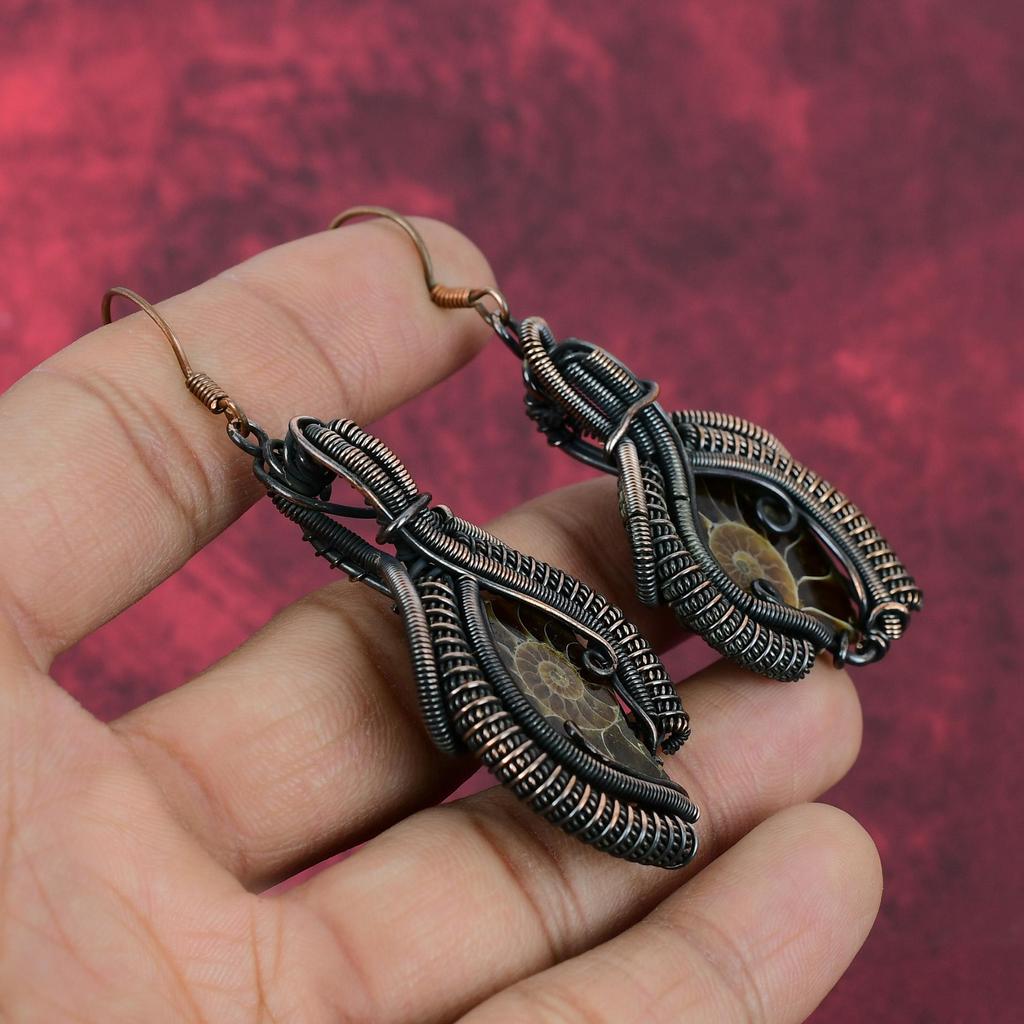 Ammonite Fossil Earring Copper Wire Wrapped Earring Handmade Copper Jewelry Original Gemstone Earring Wire Wrapping Jewelry Gifts For Mother