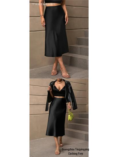 European & American Satin A-line Midi Skirt – Elegant Style, Polyester Fabric