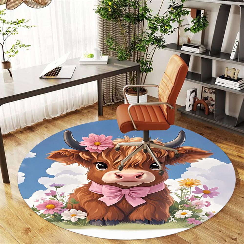 1PC Cow Flowers Bow Round Chair Mat Area Rug - Non-Slip, Floor Mat for Office, Bedroom, Home Decor Christmas Gift C0528077