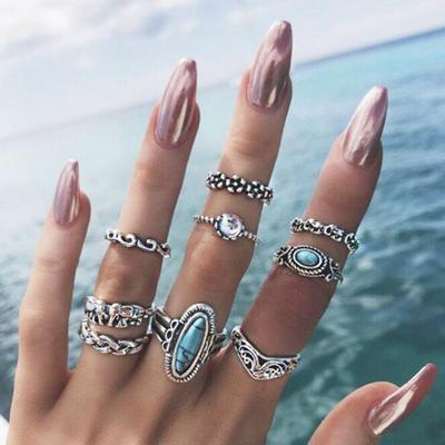 9 Pçs/set Boho Stack Elefante Flor Faux Turquesa Midi Anéis de Dedo