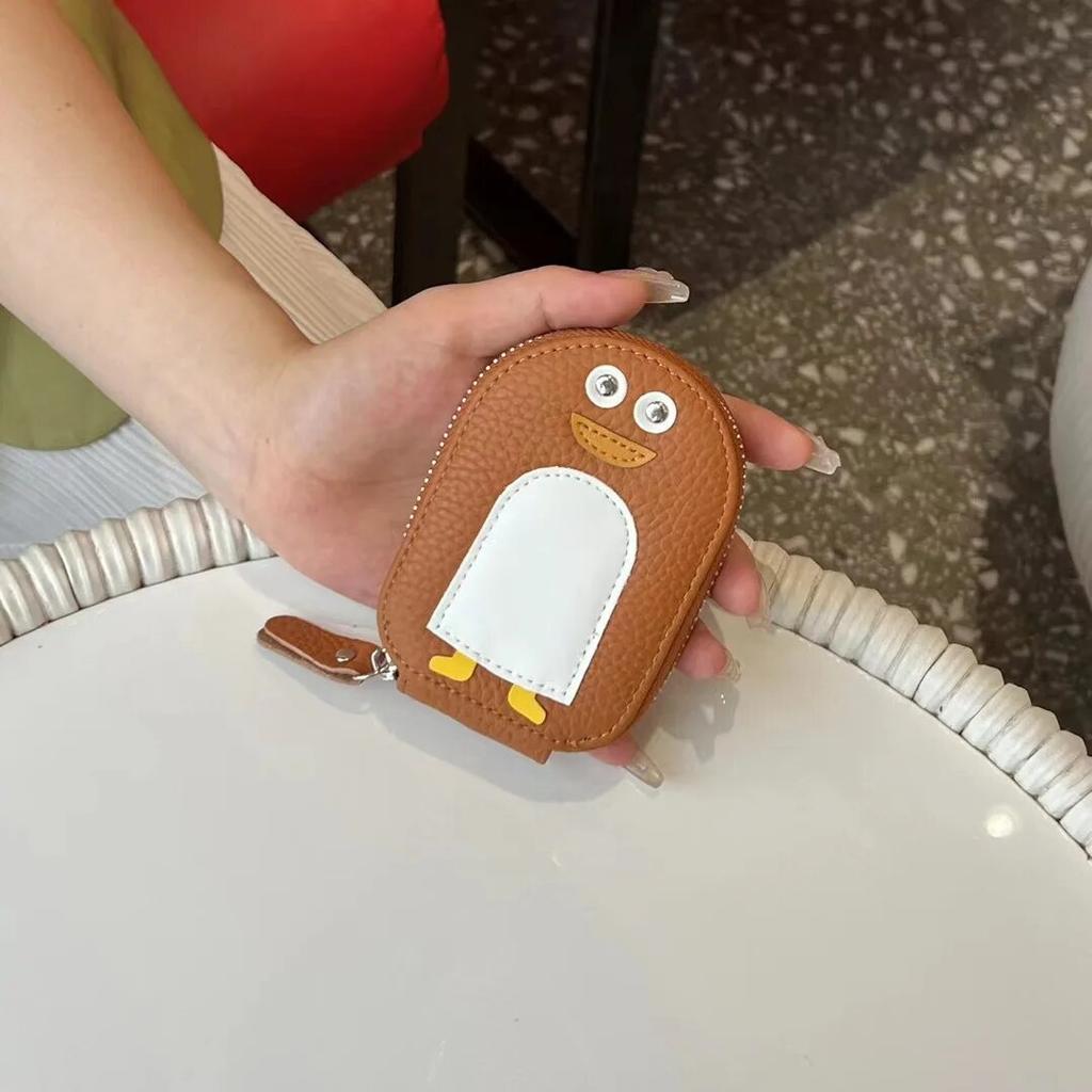 Small Penguin Shape Card Holder Coin Purse Cartoon Cute Genuine Cow Leather Zipper Purses Mini Wallet