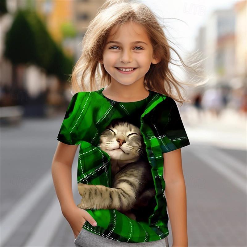 

2025 Милая футболка для девочки с котом, летняя повседневная футболка с коротким рукавом для девочек, крутая детская одежда с 3D-принтом 100