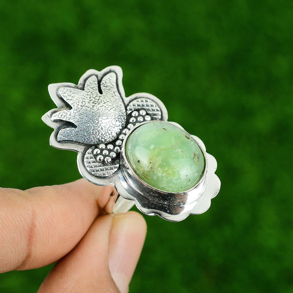 925 Silver Oval Natural Chrysoprase Statement New Promise Wife Heart Chakra Ring