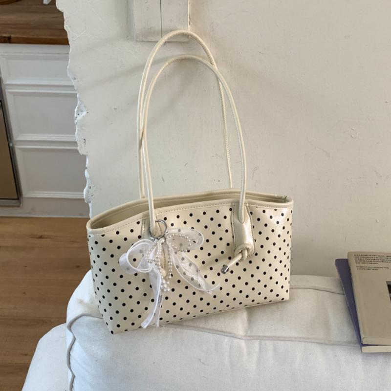 

Korean Style Polka Dot Shoulder Bag For Women Elegant Underarm Bag With Pearl Bow Decor Large Capacity Daily Commuter Handbag 19x29x9cm