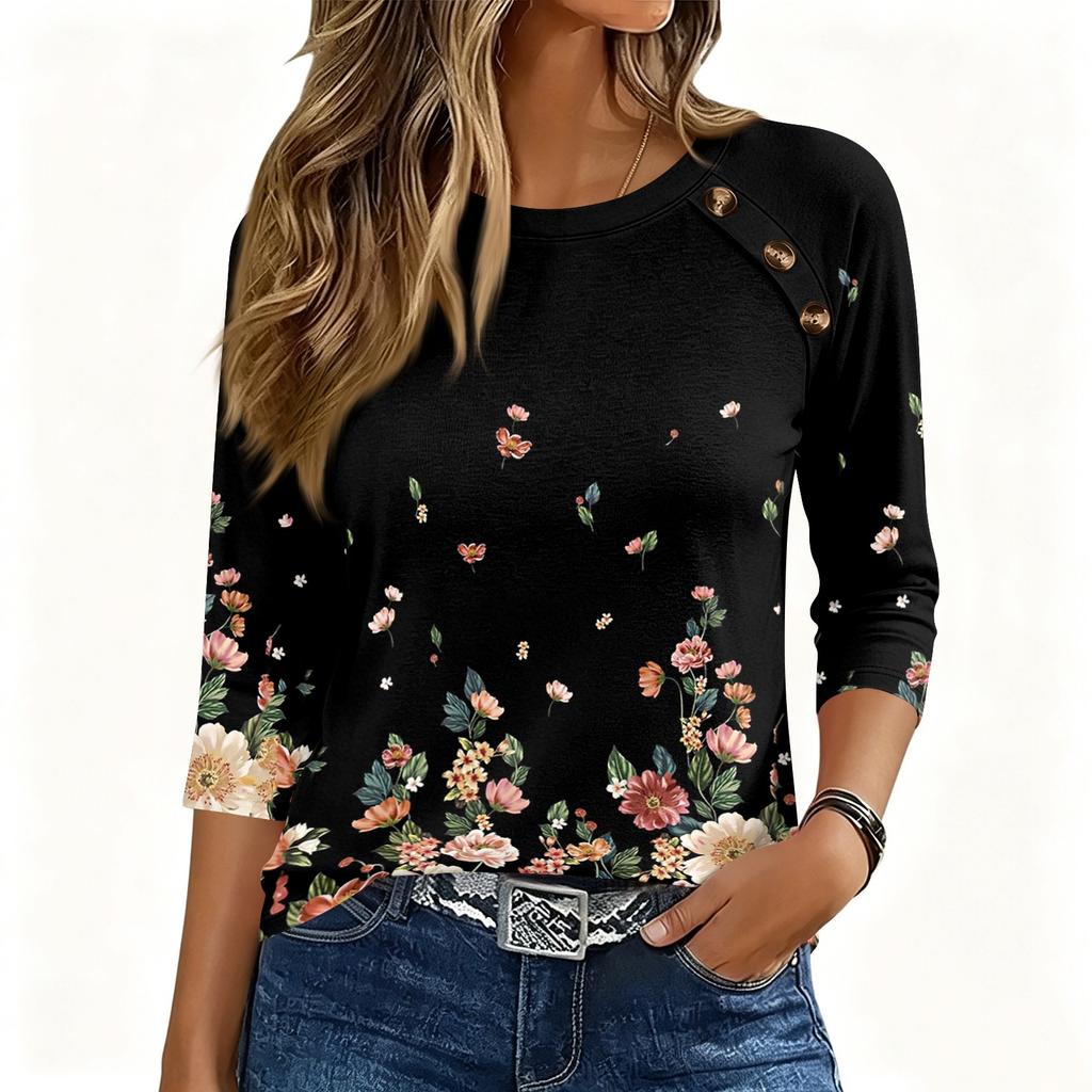 Women 34 Sleeve Crew Neck Button Decor Top Floral Print Loose Fit Blouse Casual Pullover Shirt for Daily Wear Office Home