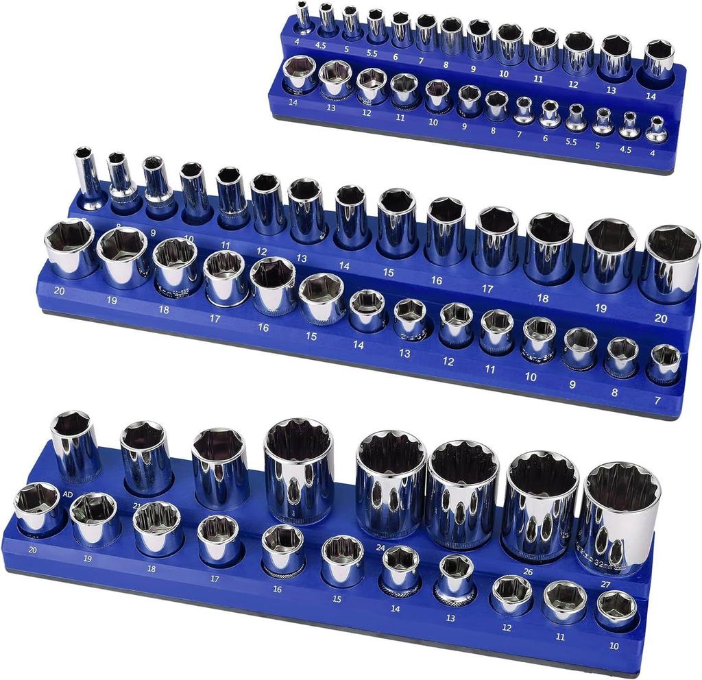 6-Piece Magnetic Socket Holder Set, Plastic Socket Organizer Tray with Magnetic Strips, Metric and SAE Sizes