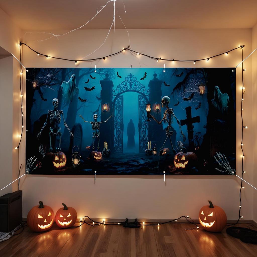 Halloween Garage Door Cover Terrifying Skull Lantern Background Banner Outdoor Waterproof Decoration Mural Backdrop Cover