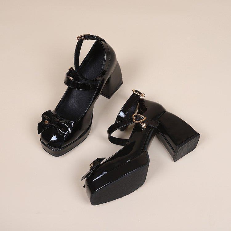 Punk Heart Buckle High Heels Pumps Women Spring Black Chunky Platform Lolita Shoes Woman Bowtie Thick Heel Gothic Shoes