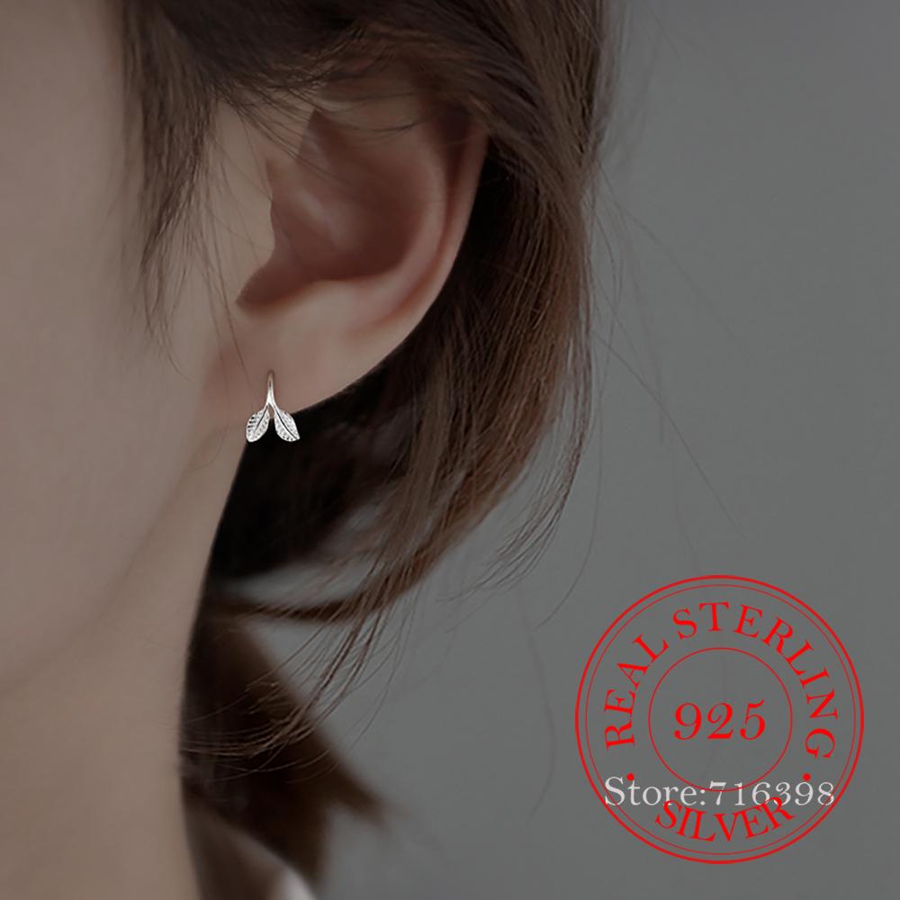 Original Solid Silver 925 Plant Leaf Stud Earrings for Women Girls Fashion Charm Piercing Jewelry Party Wedding Birthday Gift