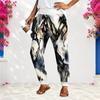Women Plus Size Loose Straight Long Pants Blue White Printed With Pockets