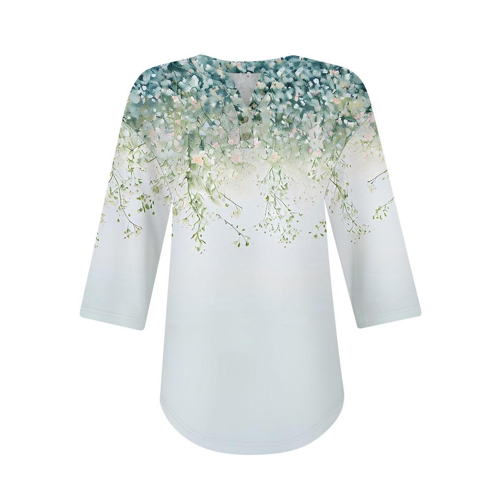 3/4 Length Sleeve Womens Tops Summer T-Shirts Floral Print V Neck Casual Basic Tee Button Shirts Tunic Tops