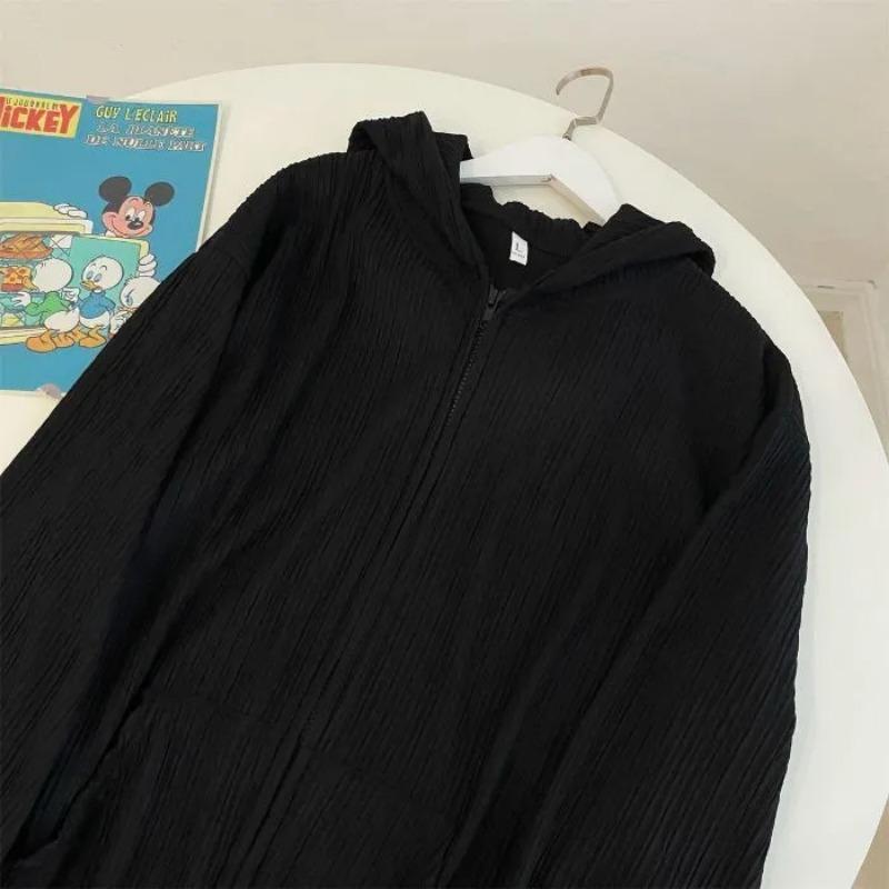 Spring Autumn Women's Ribbed Knit Zip Up Casual Loose Long Sleeve Drawstring Hooded Sweatshirt
