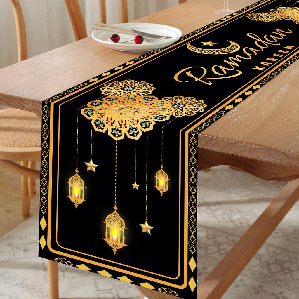 Eid Mubarak Polyester Table Runner Ramadan Kareem Table Flag Eid Decor For Home 2025 Ramadan Muslim Islamic Party Decor Supplies
