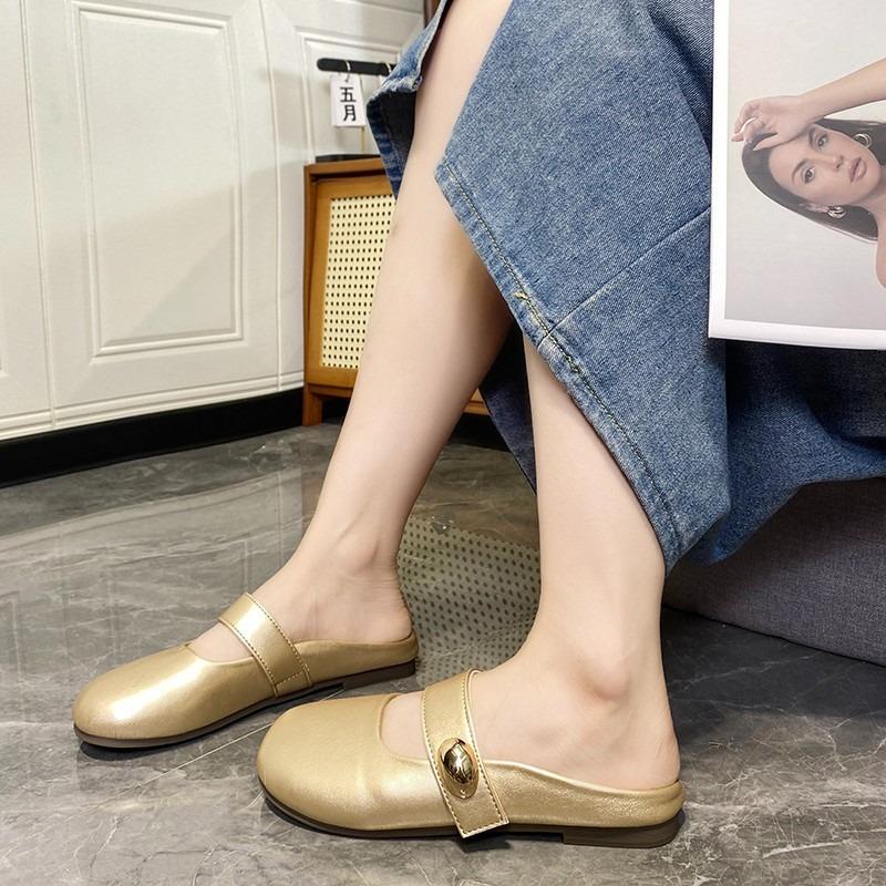 Lightweight and Versatile One-pedal Bag Head Slippers Women's Summer Flat-bottomed Slippers Comfortable Metal Buckle Half Drag