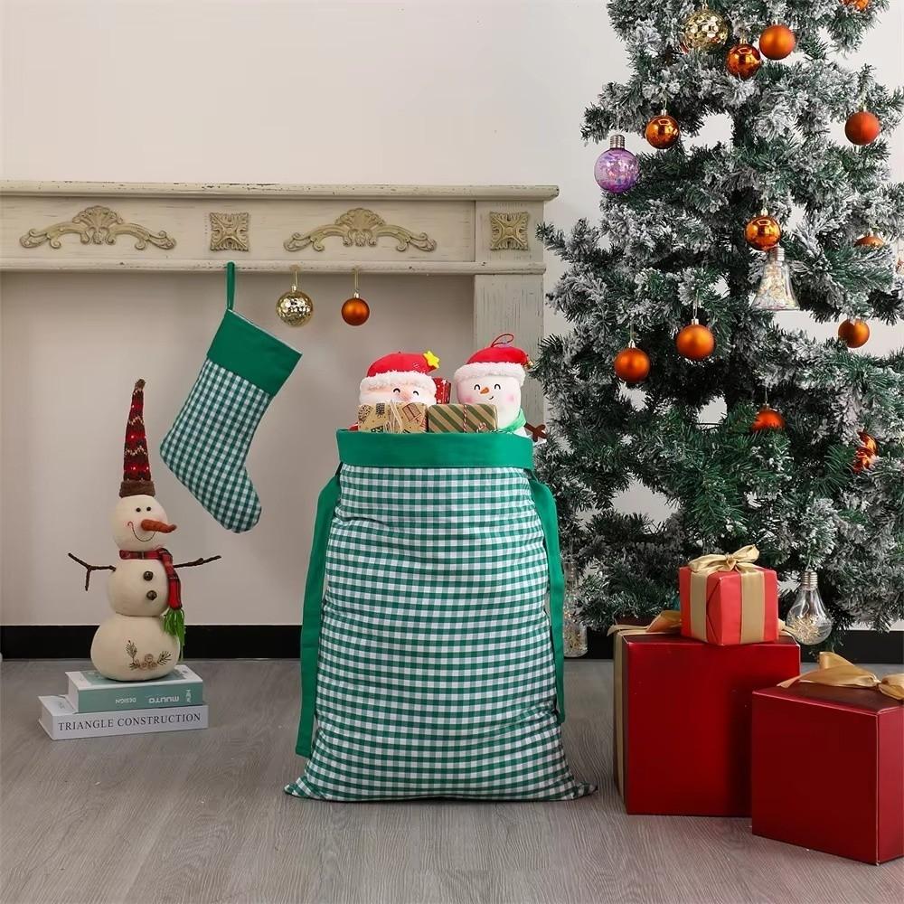 Plaid Pattern Christmas Santa Sack Drawstring Closure Reusable Drawstring Christmas Sack Wide Opening Christmas Present Bag
