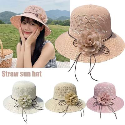 Foldable Design Beach Hat Flowers Decoration Straw Hat Fashion Sun Cap  Outdoor Activities