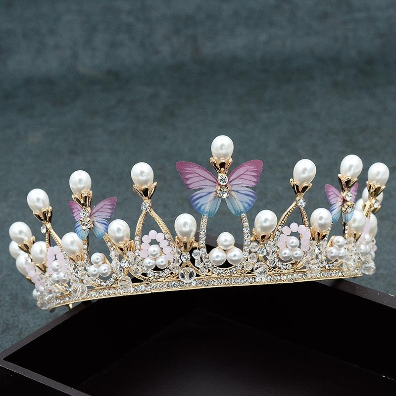 Colorful butterfly pearl tiara bridal crown children's performance hair accessories birthday party crown handmade bridal jewelry