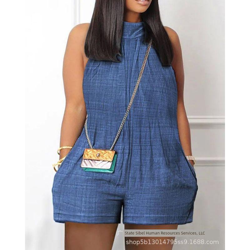 

Casual High Neck Sleeveless Jumpsuit Women s Casual Turtleneck Sleeveless Jumpsuit Blue 4XL(4XL)