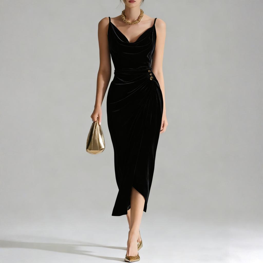 Modna i casualowa damska welurowa sukienka bez rękawów z długim rozcięciem, podkreślająca figurę