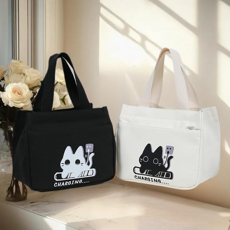 Cartoon Charging Cat Pattern Canvas Versatile Handbag Commuting Office Worker Lunch Tote Bag