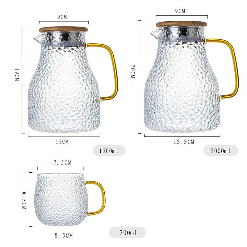Transparent Glass Water Jug Hot/Cold Tea Pot Stainless Steel Flow Lid Carafe with Handle Heatproof Teapot Set