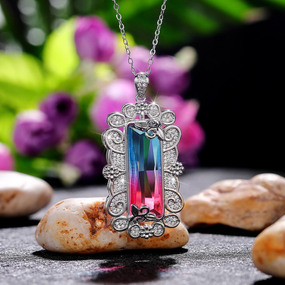 Silver Plated Rectangle Gradient CZ Pendant Necklace, Ornate Floral Frame Cable Chain Necklace for Women