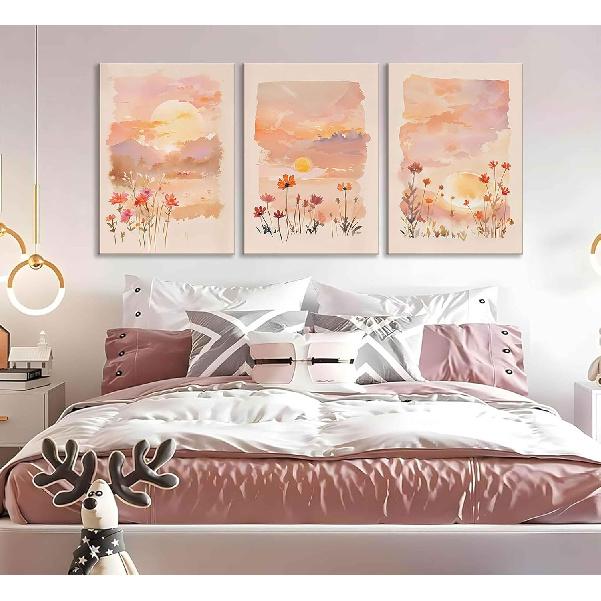 3 Pieces Sunrise Canvas Wall Art Blush Pink Wildflowers Floral and Orange Sunset Watercolor Landscape Paintings Pictures Wall Decor Poster Print
