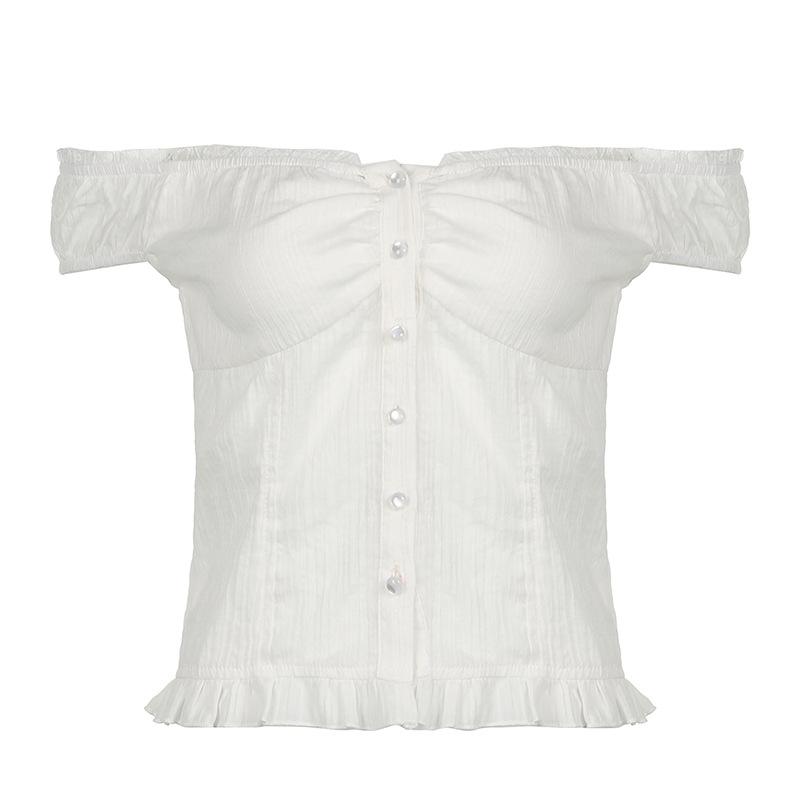 One-word Collar Breasted Vertical Pattern Bubble Sleeve Shirt Temperament Waist Thin Versatile Top