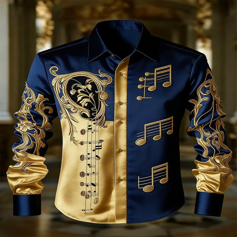 Men's Retro Botanical Musical Note Printcasual Long-sleeved Shirt, High-end Luxury, Suitablefor Parties and Dances.