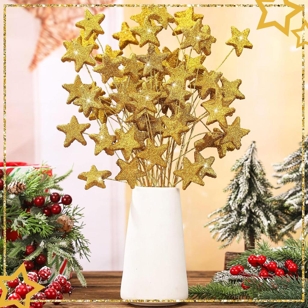 24 Pcs Glitter Star Picks 14.5 Inch Sparkly Star Stem Christmas Star Tree Picks Twinkle Star Sticks Foam Vase Decoration for Christmas Birthday Party