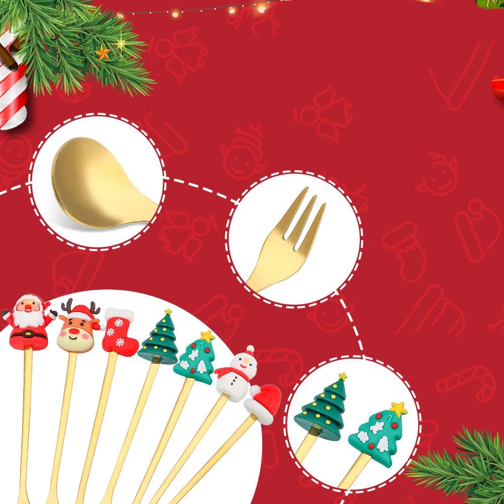 Weihnachtsgeschirr Edelstahl Löffel Gabel Set Kreativer Schneemann Löffel Kaffeelöffel Obstgabel Perfekte Feiertags-Tischdeko