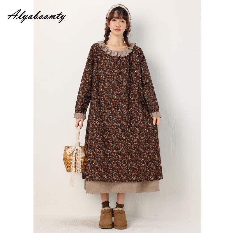Japanisches Mori-Mädchen Frühling Herbst Damen Midikleid Rüschenkragen Blumendruck Patchwork Retro Kleid Vintage Baumwolle Leinen Stickerei Aushöhlen Kleid