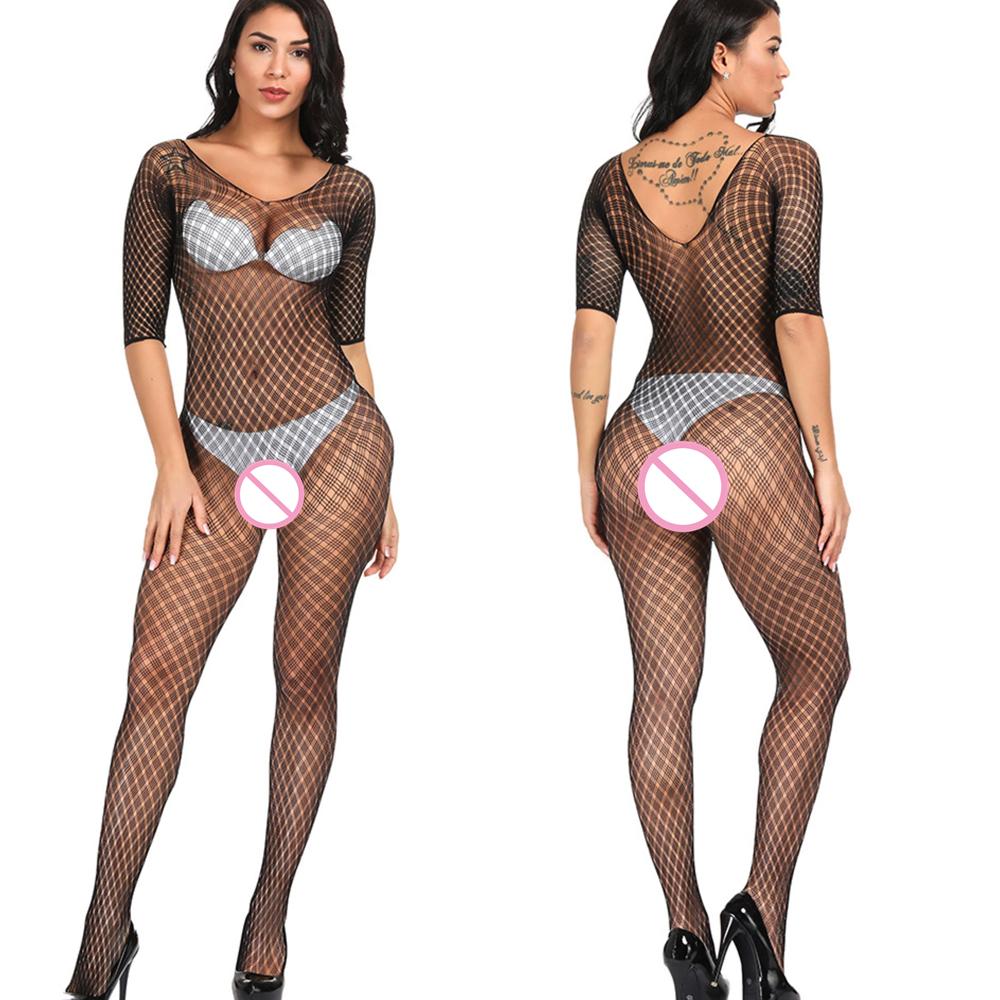 Black Sexy Bodystockings Women Fishnet Bodysuits Open Crotch Catsuits Mesh Tights Lingerie Fashion Costumes Underwear Hollow Set